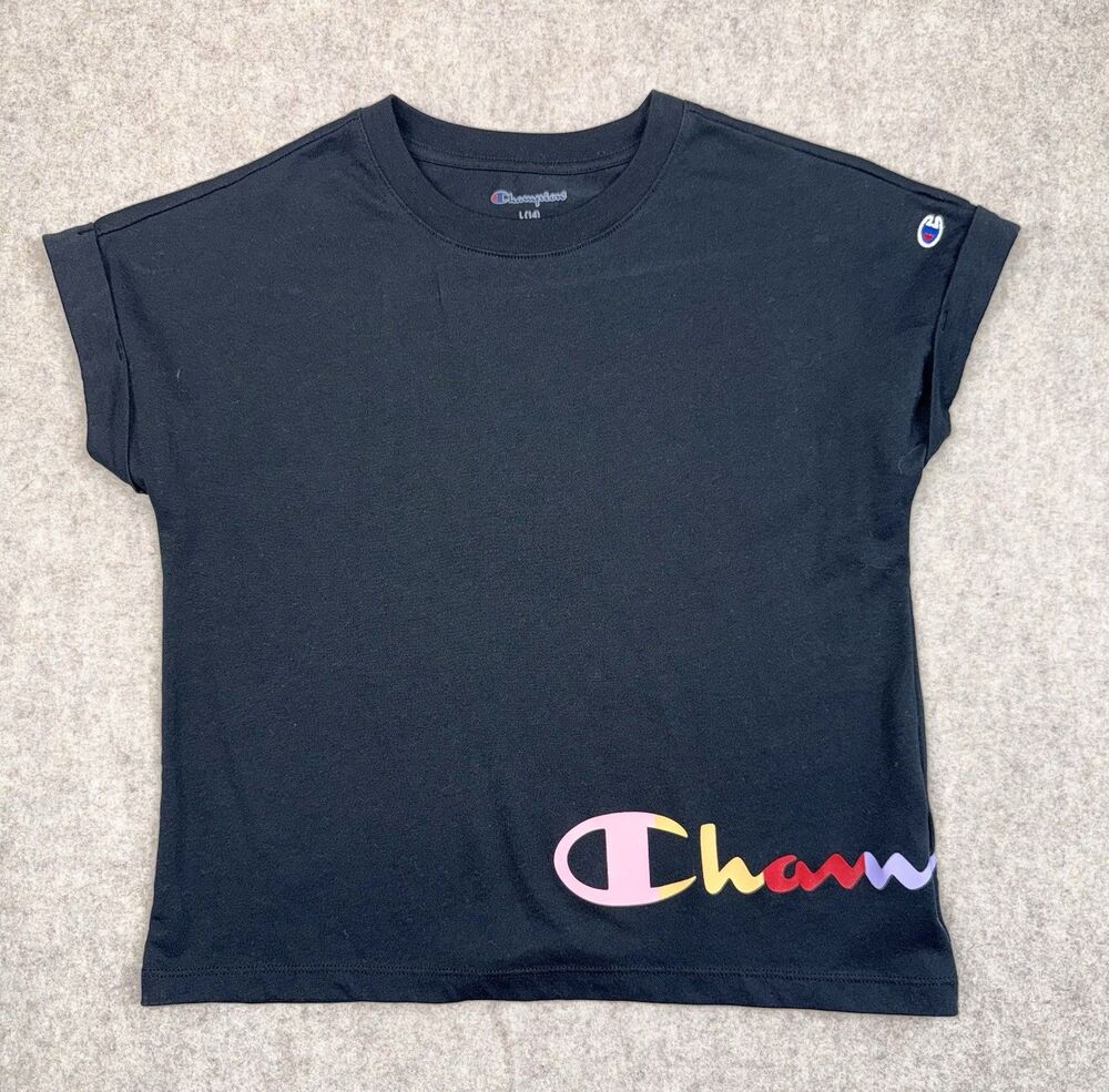 Champion Teens Large Black Logo Graphic Crew Neck Short Sleeve T Shirt